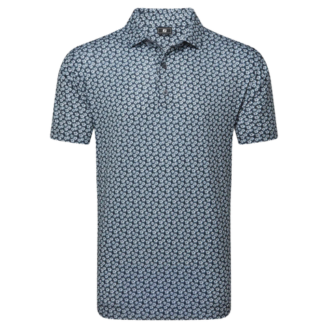The FootJoy Men's Floral Sketch Print Lisle Polo in Navy/White is a short-sleeved, collared golf shirt with a three-button placket, tailored fit, and a small white floral sketch print on a dark blue background.