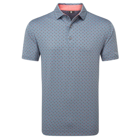 The FootJoy Men's Flower Bud Foulard Lisle Polo in Flint is a short-sleeve, light gray golf polo with a subtle red pattern, moisture-wicking fabric, three-button placket, and a collar lined with contrasting light pink.