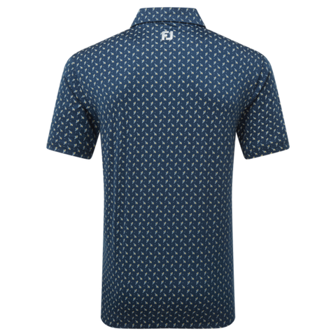 Back view of the FootJoy Men's Flower Bud Foulard Lisle Polo in navy, made from ProDry fabric with a white geometric pattern and a small white FootJoy logo centered below the collar.