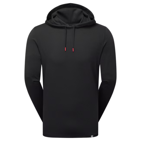 The FootJoy Men's Ottoman Jacquard Pullover Hoodie in black features long sleeves, a front pocket, and a drawstring hood with red tips. The FootJoy sweatshirt is shown on a white background.