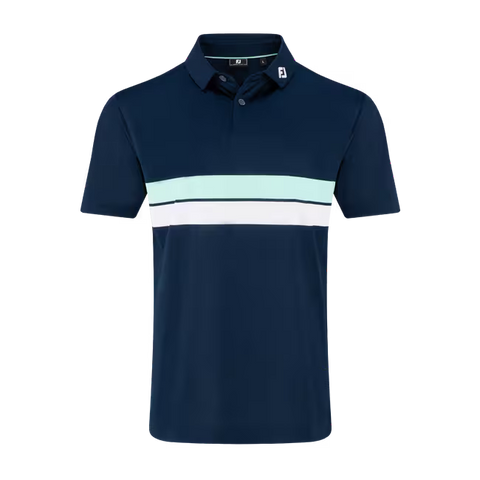 The FootJoy Mens Pique Double Chest Band Stripe Polo in navy features moisture-wicking fabric, light blue and white chest stripes, a collared neckline with two buttons, and a small logo on the left collar.