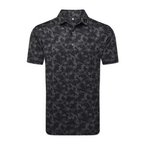 The FootJoy Men's Pop Camo Lisle Polo in Black/Grey features a short-sleeve button-up design with a black and dark gray camo pattern and moisture-wicking fabric for comfort on and off the course.