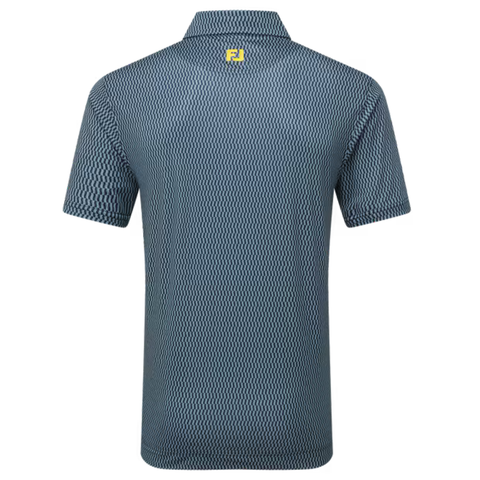 A FootJoy Men’s Wiggle Print Lisle Polo in Navy/White, shown from the back with a small yellow FJ logo below the collar.