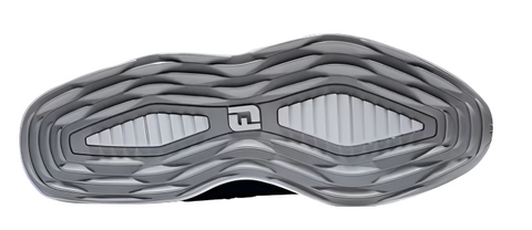 The bottom view of the FootJoy Prolite Mens Golf Shoes in black shows wavy grooves and a geometric center pattern, emphasizing the brands advanced spikeless sole technology.