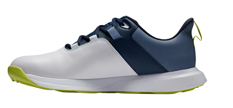 The FootJoy Prolite Mens Golf Shoes | White/Navy combine a white front, navy accents, textured blue heel, and neon yellow outsole for a stylish, lightweight choice—perfect for modern golfers.