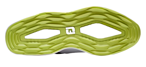 The image shows the lightweight sole of FootJoy Prolite Mens Golf Shoes in White/Navy, featuring a lime green base with wavy grooves and a central cutout displaying stylized FJ branding.