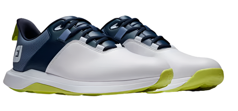 FootJoy Prolite Mens Golf Shoes in White/Navy, shown side by side on a white background—lightweight and modern footwear from FootJoy, ideal for any golf course.