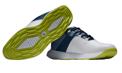 FootJoy Prolite Mens Golf Shoes | White/Navy: One lightweight FootJoy shoe is upright to show the side, while the other displays its bright green sole.