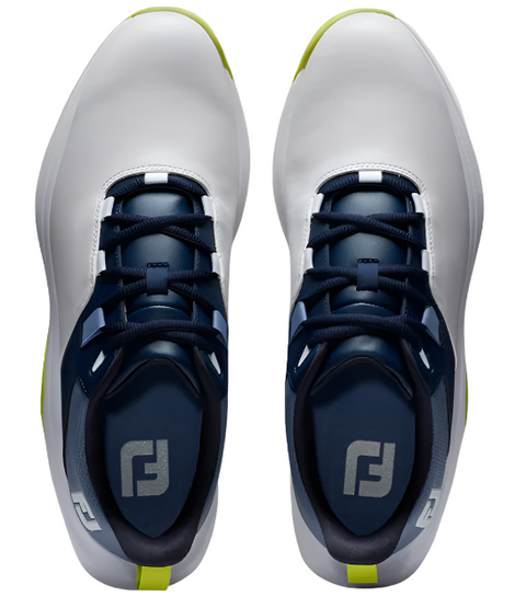Top view of FootJoy Prolite Mens Golf Shoes in White/Navy—lightweight shoes with navy blue laces, yellow heel tabs, gray insoles, and a stylized FJ logo.