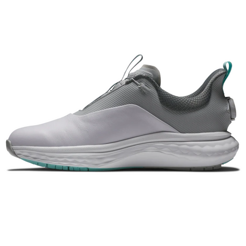 The FootJoy Quantum Mens Boa Golf Shoes by FootJoy feature a modern white and light gray slip-on design with mesh upper, textured sole, and turquoise accents—ideal spikeless golf shoes for all-day comfort on or off the course.