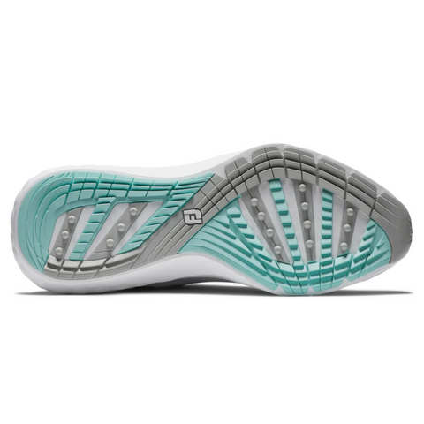 The image shows the sole of FootJoy Quantum Mens Boa Golf Shoes by FootJoy, with a white, grey, and teal color pattern, textured grooves, and rubber grip sections—typical of top spikeless golf shoes in New Zealand.