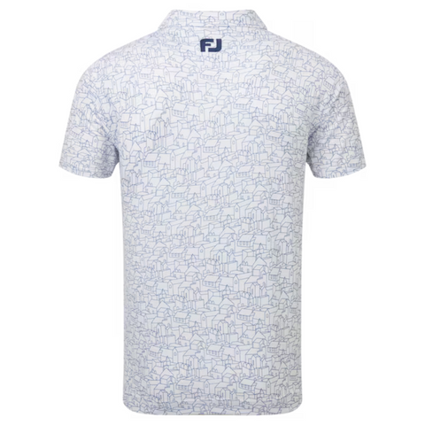 The FootJoy Scottish Town Mens Print Polo is a short-sleeved, white golf shirt with a subtle blue line pattern and FJ logo at the neck, offering moisture-wicking comfort and style for every round.