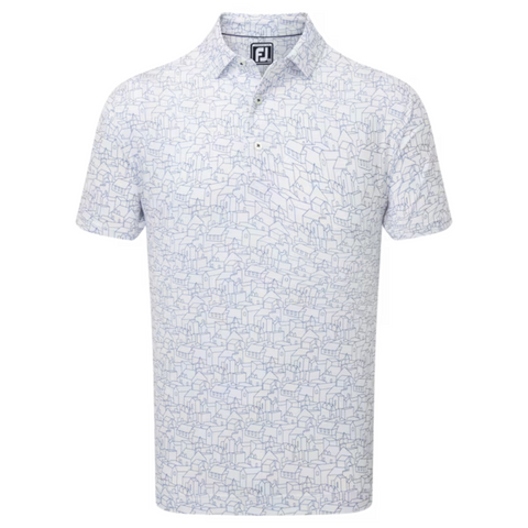 The FootJoy Scottish Town Mens Print Polo is a white short-sleeve golf shirt with light blue and grey abstract lines. It features a collar, three buttons, an FJ logo on the inner tag, and moisture-wicking fabric for comfort on the course.