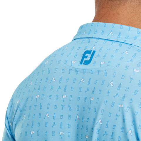 Back view of a person wearing the FootJoy The 19th Hole Lisle Mens Polo, a light blue moisture-wicking golf shirt by FootJoy with small white and blue golf-themed icons and an FJ logo embroidered below the collar.