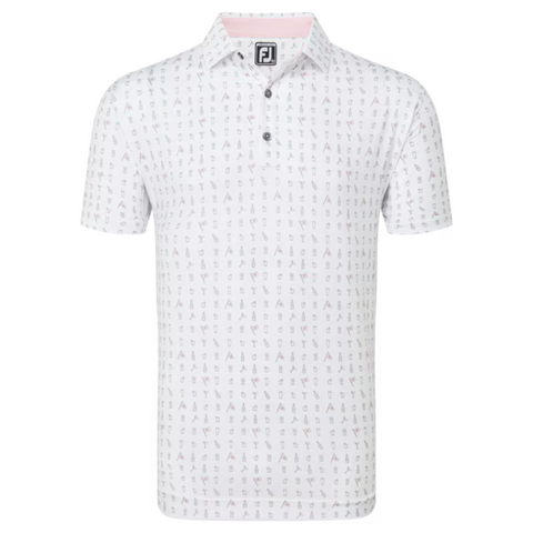 The FootJoy The 19th Hole Lisle Mens Polo is a white short-sleeve golf shirt featuring a collar, button placket, light golf-themed icon print, moisture-wicking fabric, and an FJ logo on the collar tag.
