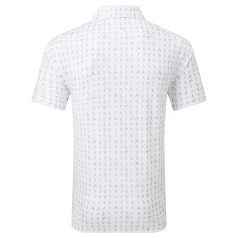 Back view of the FootJoy The 19th Hole Lisle Mens Polo by FootJoy, a lightweight, moisture-wicking golf shirt featuring a collar and a subtle all-over pattern of small multicolored icons.