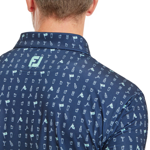 Close-up view of the FootJoy 19th Hole Polo showcasing the back detail with the FootJoy logo. The navy blue fabric features a playful print with golf-related icons such as flags, cups, and tees, offering a stylish and casual look.