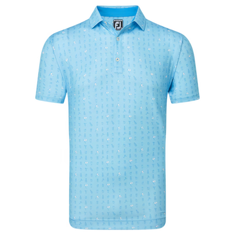 The FootJoy The 19th Hole Lisle Mens Polo features a light blue color, collar, button placket, and a subtle pattern of golf-themed icons—combining style and comfort for on or off the course wear.