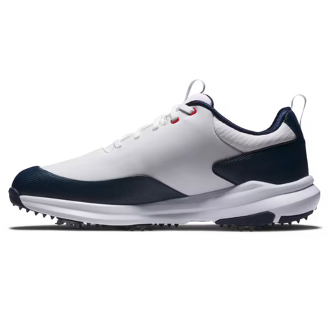 The FootJoy Tour Rival Mens Golf Shoes are shown in side profile on a white background, featuring a white design with dark blue accents, black outsole spikes, and white laces for a premium look.