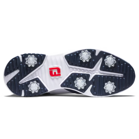 The image displays the bottom of FootJoy Tour Rival Mens Golf Shoes by FootJoy, featuring six removable cleats, a navy tread pattern, and a central red and white logo—ideal for men’s golf.
