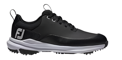The FootJoy Tour Rival Womens Golf Shoes feature a black design with white soles, small cleats, FJ logo on the side, and pull tabs—offering premium performance and style.