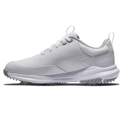 The FootJoy Tour Rival Womens Golf Shoes by FootJoy are white, low-cut athletic golf shoes with laces and a textured sole, shown in a side view on a plain white background.
