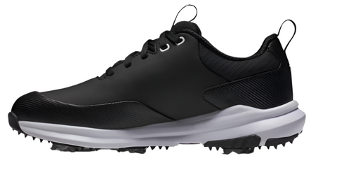 The FootJoy Tour Rival Womens Golf Shoe by FootJoy is black with a white sole, black laces, and a low-top design. Shown from the side on a white background, it features a textured heel and multiple grip studs on the sole.