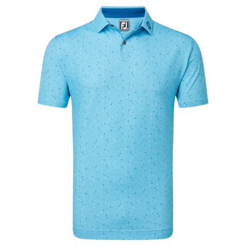The FootJoy Tweed Texture Mens Polo is a light blue, short-sleeve polo with a subtle dotted pattern, four-way stretch, moisture-wicking fabric, collar, button placket, and a small FJ logo on the inner collar tag.