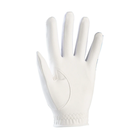 The FootJoy Women’s Attitudes Glove by FootJoy is displayed palm-up on a white background, showing its cinched wrist, zigzag stitching, and tailored fit—perfect for style and comfort on the golf course.