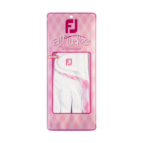 The FootJoy Women’s Attitudes Glove features pink accents and comes in plaid pink packaging labeled “Fashionable with Style, A Glove in Golf.” NEW! by FootJoy.