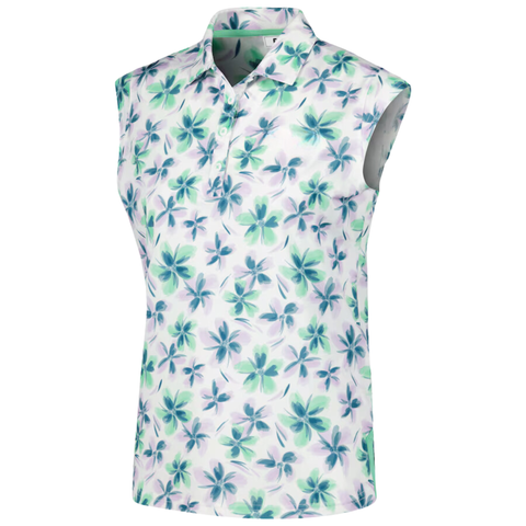 Sleeveless golf shirt by FootJoy featuring a floral design with blue and green flowers on a white background. The shirt has a buttoned front with a collar, designed for a comfortable and stylish fit on the golf course.