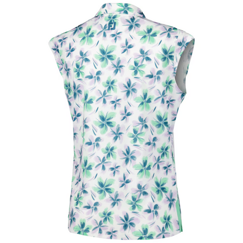Back view of a sleeveless FootJoy golf shirt with a colorful floral pattern, featuring blue and green flowers on a white background. FootJoy logo displayed near upper back below the collar. Stylish and breathable design for golf.