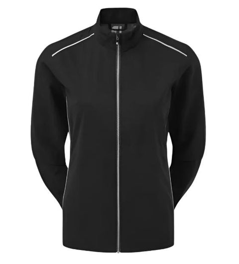 The FootJoy Women's Hydrolite V2 Rain Jacket in black features a stand-up collar, thin white shoulder lines, long sleeves, and a sleek waterproof design—ideal for keeping dry and stylish on the course.