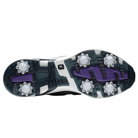The image shows the sole of FootJoy Womens Hyperflex Golf Shoes in Grey/Pink (US 9), featuring six white star-shaped spikes, black and pink accents, and textured patterns for superior traction in this FootJoy performance golf shoe.