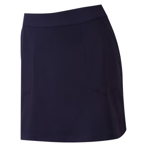 The FootJoy Womens Interlock Stretch Skort in navy features a simple waistband and two side pockets—ideal for fans of performance golf apparel.