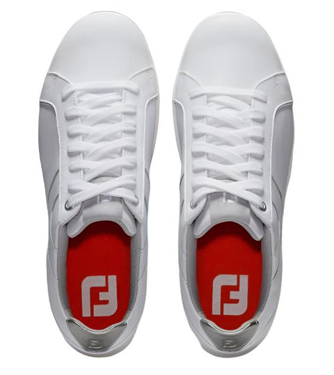 A pair of FootJoy Women's Links Golf Shoes in white, shown from above with white laces and red insoles featuring a bold white FootJoy logo.