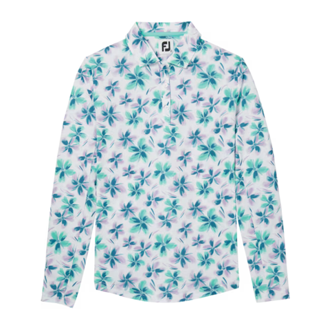 The FootJoy Womens Long Sleeved Floral Shirt features a blue, green, and purple floral print on white with UPF sun protection and a buttoned collar for stylish comfort.