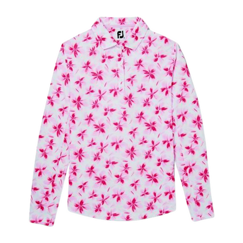 The FootJoy Womens Long Sleeved Floral Shirt features a white base with vibrant pink flowers, top buttons, and FJ logo in the collar—combining style and sun protection for your golf game.