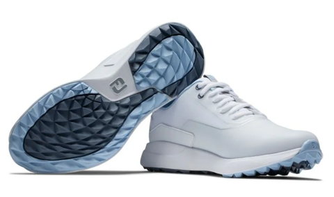 FootJoy Women's Performa Golf Shoes in white feature light blue, textured soles with a unique geometric pattern, shown upright and sole-side up—lightweight and perfect for golf shoes NZ.