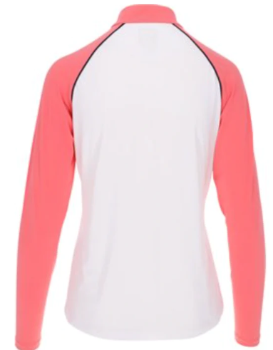 The FootJoy Women's Sun Protection Shirt in White/Coral features a back view with white torso, coral pink sleeves, high collar, fitted design, and UPF 50+ for sun safety—perfect as a women's golf shirt.