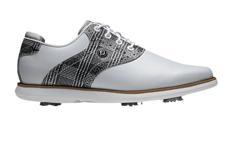 The FootJoy Women's Traditions Golf Shoes (White/Dark Multi Print, US 7) combine comfort and style with a lightweight build, low-profile design, plaid accents, white laces, and soft cleats—ideal for a fashionable day on the course.