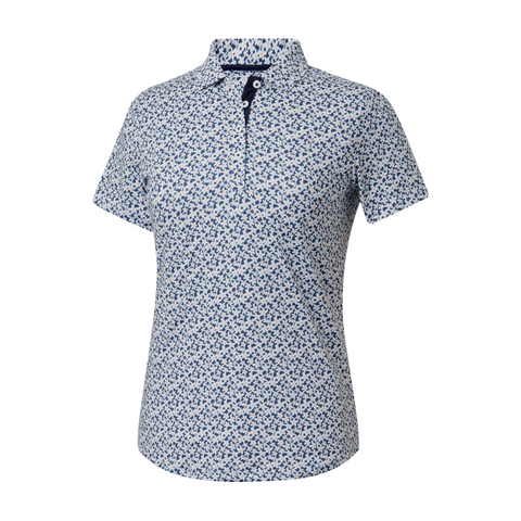 The FootJoy Womens Floral Print Short Sleeve Shirt features a collared design, blue and white floral pattern, and three-button placket, shown against a plain white background.