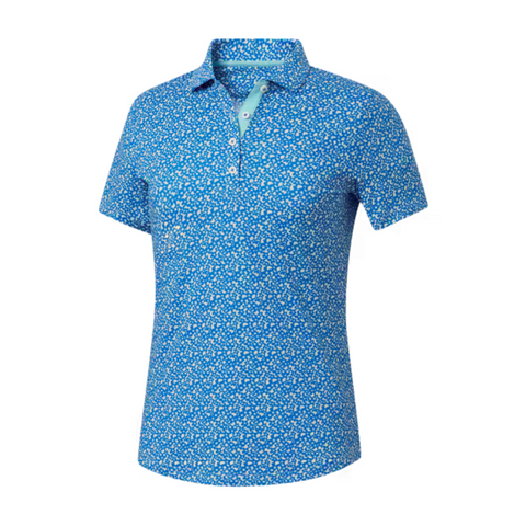 The FootJoy Womens Floral Print Short Sleeve Shirt features a collared design and button placket, with a blue background and white floral pattern. This moisture-wicking shirt offers cool comfort and style on the golf course.