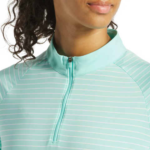 A close-up of a person wearing a FootJoy Womens 1/4 Zip Long Sleeve Sun Protection Shirt in light turquoise with thin white stripes and a stand-up collar, showing their lips and chin.