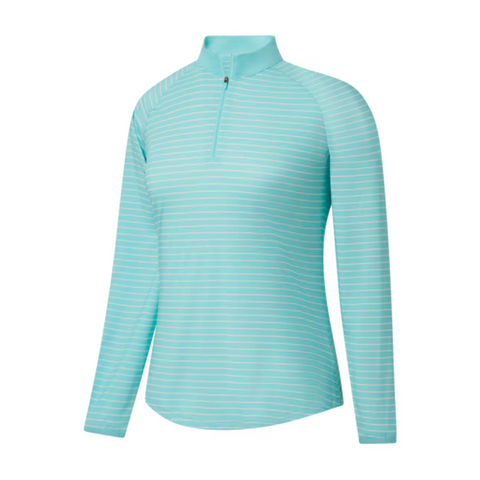 The FootJoy Womens 1/4 Zip Long Sleeve Sun Protection Shirt features a light blue color with thin white stripes, a stand collar, relaxed fit, and a partial front zipper. Displayed on a plain white background.