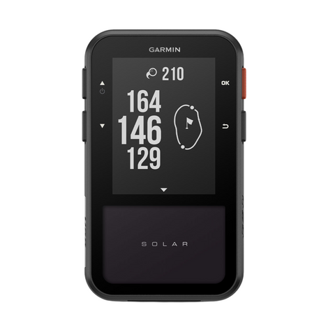 The Garmin Approach G20 Solar GPS by Garmin is a black handheld device with a screen showing preloaded golf courses, course distances, and hole layouts. The lower section displays a SOLAR label for solar-powered golf GPS features.