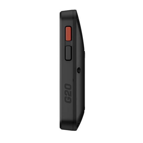 A black Garmin Approach G20 Solar GPS, seen from the side, has a red textured button above a smaller black one and features G20 vertically printed on its side.