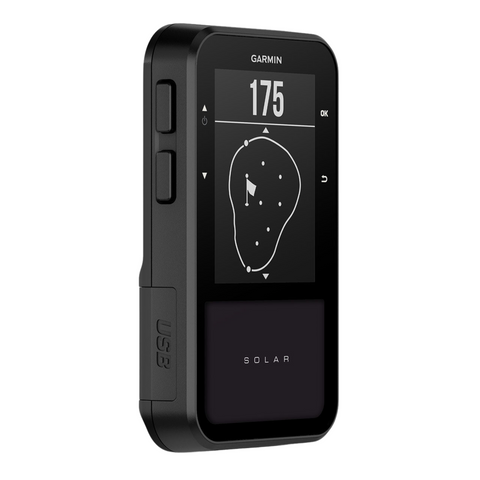 The Garmin Approach G20 Solar GPS by Garmin displays 175 yards to the hole with a map of the green and flag, features left-side buttons, “SOLAR” at the bottom, and comes preloaded with golf courses.
