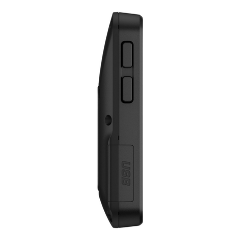 Side view of the Garmin Approach G20 Solar GPS by Garmin, a slim black device with two rectangular buttons and a USB port cover—perfect for golfers, featuring solar charging and preloaded golf courses.