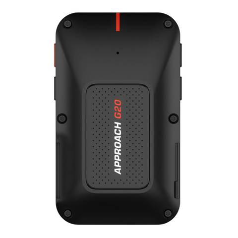 A black handheld Garmin Approach G20 Solar GPS device, featuring a textured center, four front screw heads, and preloaded golf courses to enhance your game.
